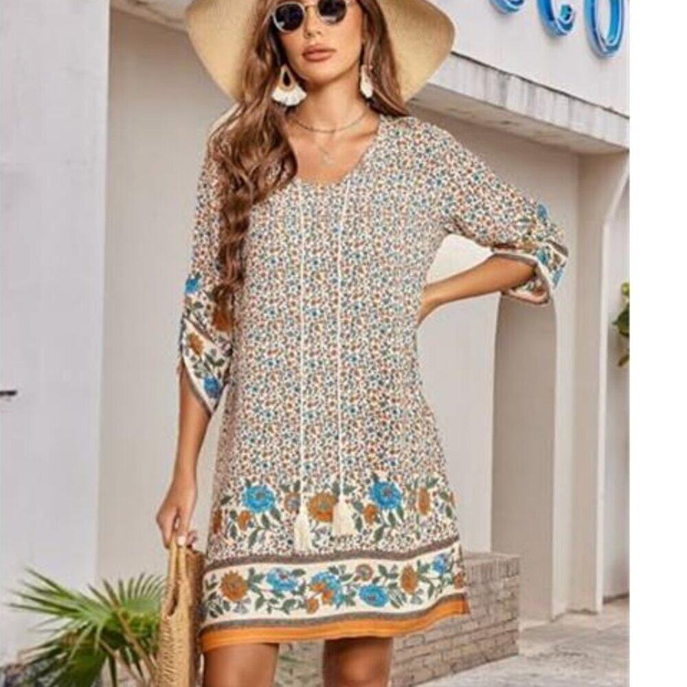 Women’s Apricot Floral Boho Dress V Neck 3/4 Sleeve Casual Spring Tunic Dress